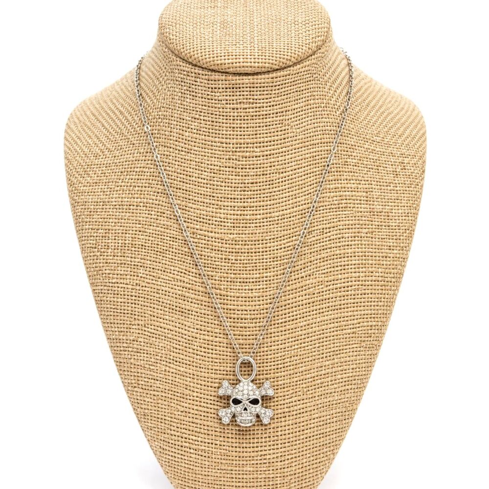 STERLING SILVER SKULL Necklace Diamond 925 Crossbones Gothic Pendant 18"